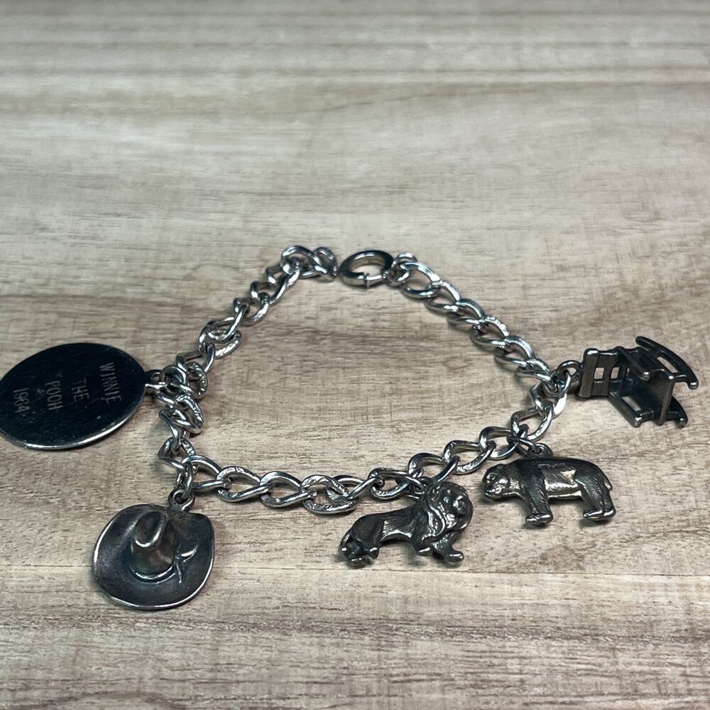 Sterling Silver 925 Lestage Signed 5 Charms Link Bracelet Lion Hat Chair Bear